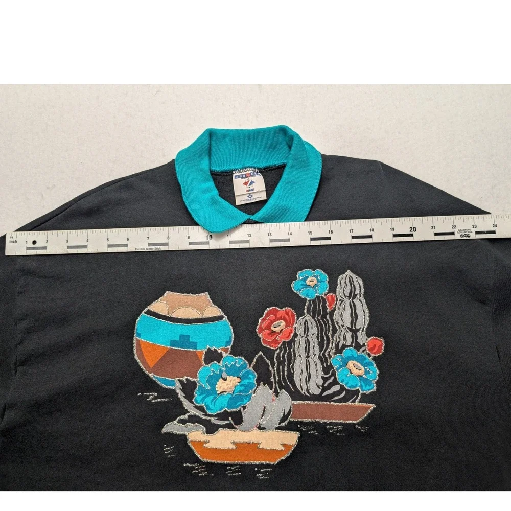 Vintage Jerzees Sweatshirt Unisex XL Black‎ Teal Southwestern Cactus
